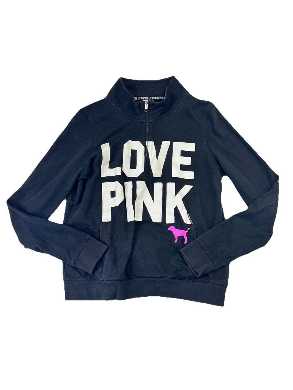 Vtg Y2K Victoria's Secret PINK 'Love Pink' Half Zip Sweatshirt Size L Black
